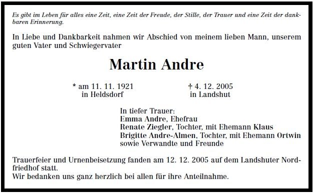 Andre Martin 1921-2005 Todesanzeige